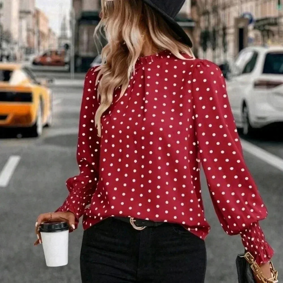 Polka DotPrint Lantern Blouse Frill Trim Blouse - Picture 2 of 5